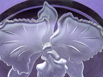 ガラス製ペーパーウェイトに彫刻したカトレアのクローズアップ画像