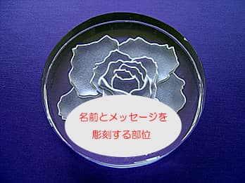 ペーパーウェイト バラの花に、「名前・メッセージ・ロゴマーク」などを彫刻する部位の画像