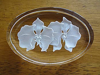 胡蝶蘭を彫刻したガラス製のペーパーウェイト
