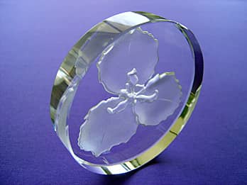 アイリスの花を彫刻した、丸形のクリスタルガラス製ペーパーウェイト