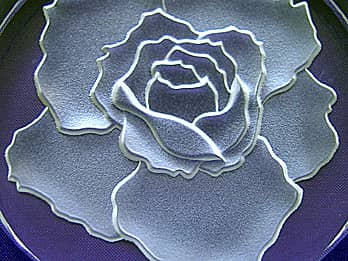 ペーパーウェイトの彫刻していない面側から見た「バラの花」のクローズアップ画像