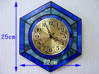 ステンドグラス製のインテリアクロック ブルー（六角形）の縦横のサイズ画像