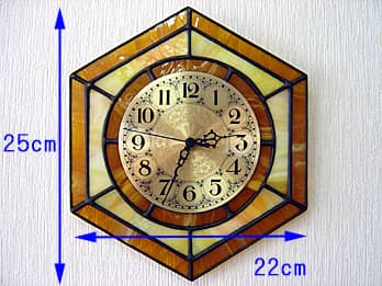 ステンドグラス製の掛け時計・キャラメルイエロー（六角形）のサイズ画像