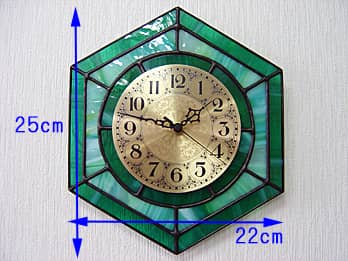ステンドグラス時計 グリーン（六角形）の縦横のサイズ画像