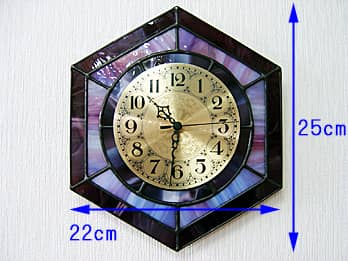ステンドグラス製掛け時計 パープル（六角形）の縦横のサイズ画像