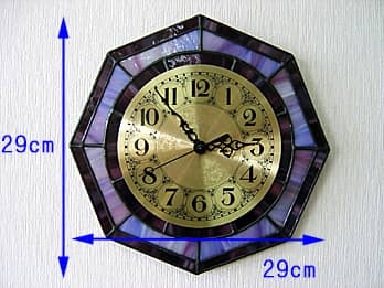 「ステンドグラスの掛け時計 パープル 八角形」のサイズ画像
