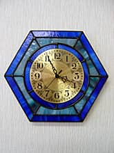 ステンドグラス製の掛け時計・ブルー（六角形）