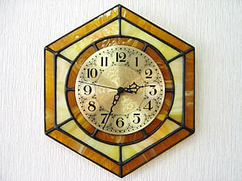 六角形のステンドグラス時計・キャラメルイエロー