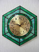 ステンドグラス製の掛け時計・グリーン（六角形）