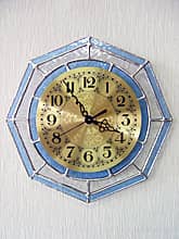 ステンドグラス製の掛け時計・ブルー/クリアー（八角形）