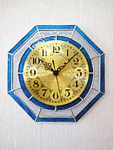 ステンドグラス製の掛け時計・マリンブルー/クリア（八角形）